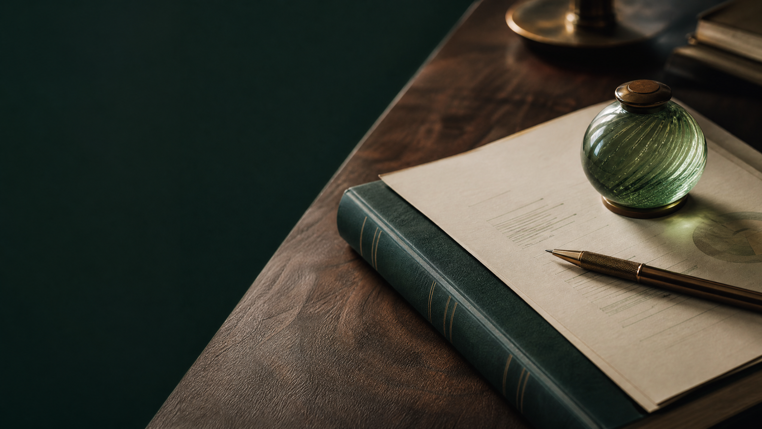 An elegant ledger and financial stationery on a warm desk