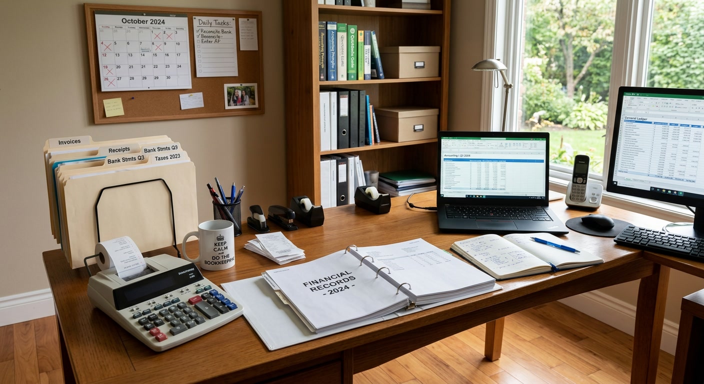 An organized bookkeeping desk with financial records, a calculator, and QuickBooks reports